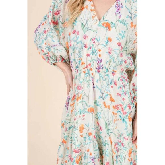 Lime 'N' Chili Floral Cinched Waist Balloon Sleeve V-Neck Dress - Picture 3 of 10